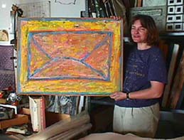 Debora Gilbert Ryan with envelopes encaustic painting
