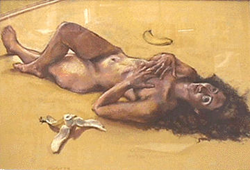 Abeles' Painting Nude on Floor with Banana