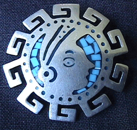 Turquoise Inlaid Mexican Silver Brooch