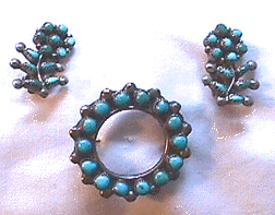 Vintage Zuni Turquoise circle pin and earrings