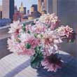 Patricia Hansen floral painting Dahlias with Cityscape